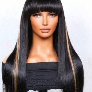 Sleek Black Hair with Blonde Highlights